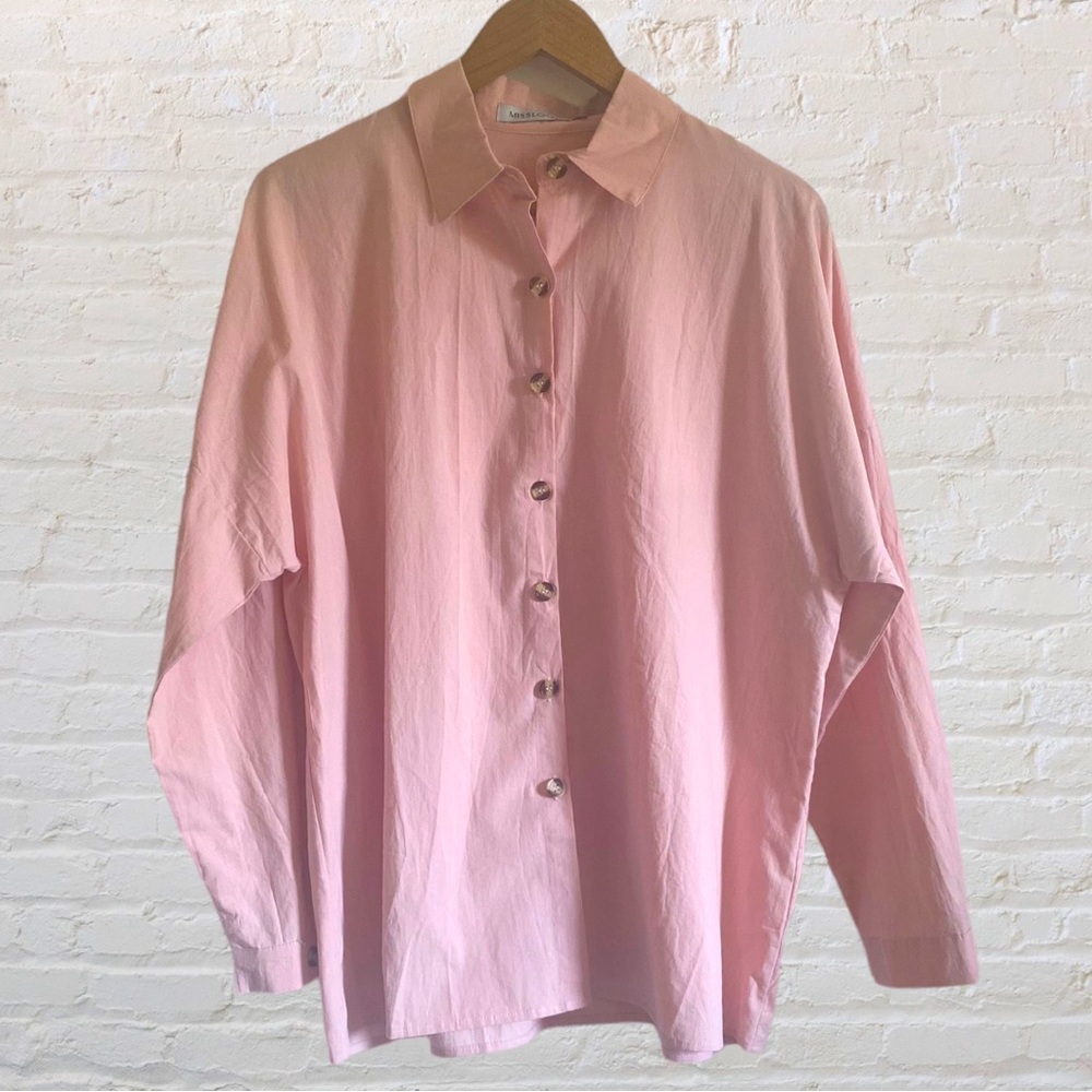 PINK MISSLOOK LONG SLEEVE COTTON LINEN BUTTON UP BLOUSE